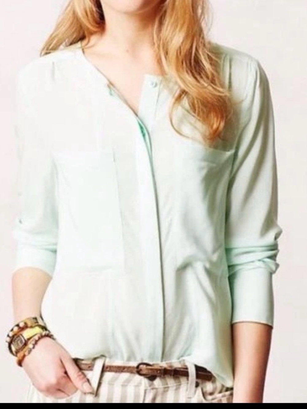 Maeve Light Mint Green Button-Down Blouse